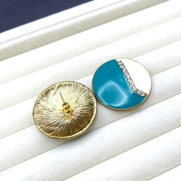 Yellow Gold with Teal and White Enamel and White Diamond Crystal Post Earrings - Picture 6 of 8